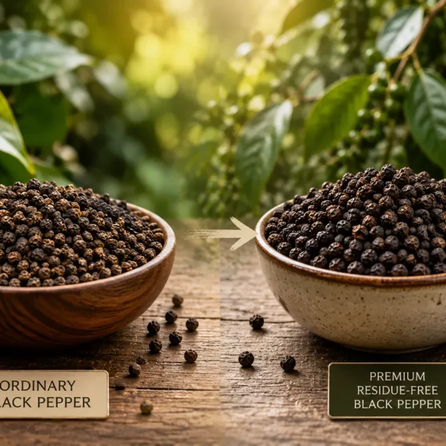 Premium residue-free black pepper compared with ordinary black pepper, showing quality and traceability differences.