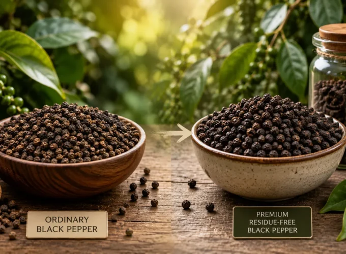 Premium residue-free black pepper compared with ordinary black pepper, showing quality and traceability differences.