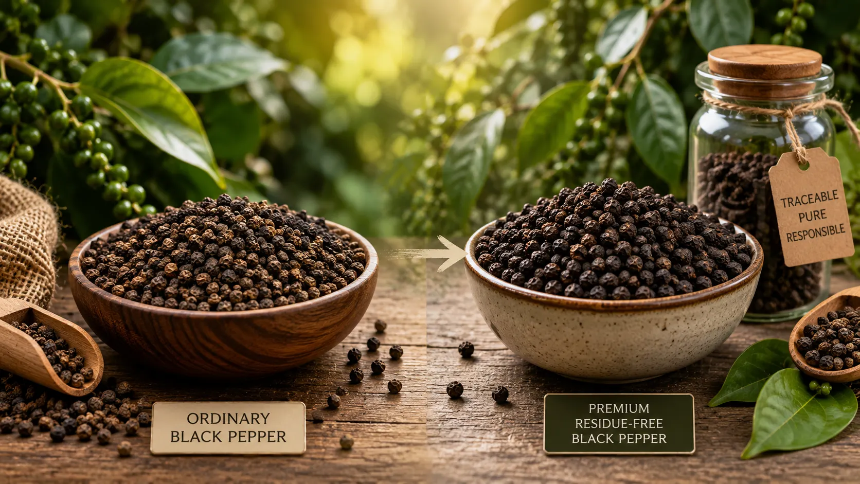 Premium residue-free black pepper compared with ordinary black pepper, showing quality and traceability differences.